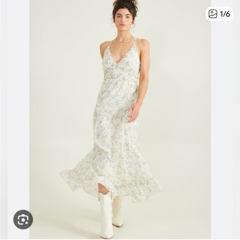 Altar'd State Posie Floral Maxi Dress with Ruffled Trim in Blue